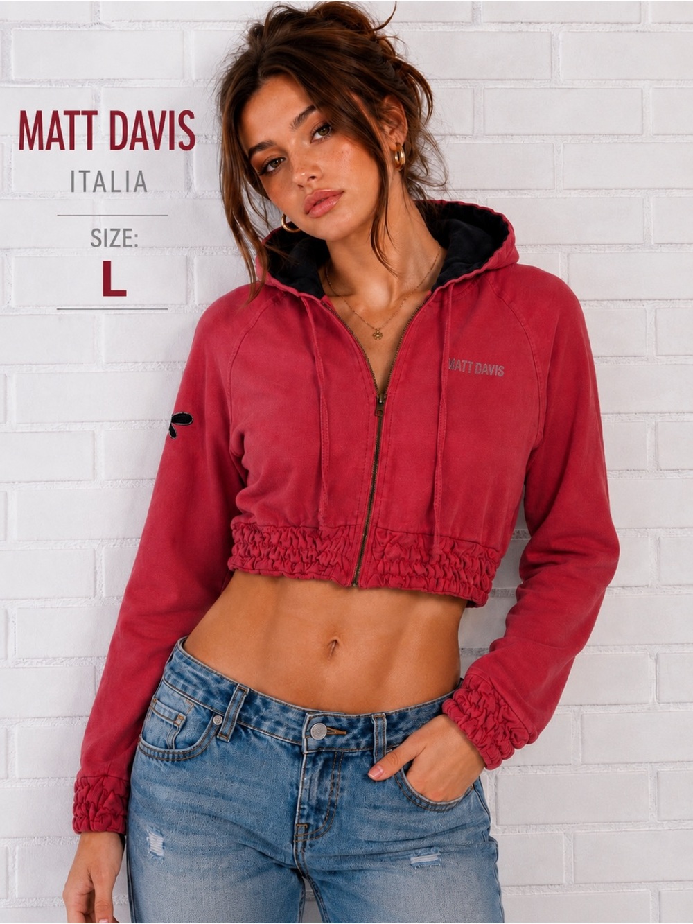 Matt Davis Italia Cropped Zip-Up Hoodie Sweatshirt Pink Size L Y2K
